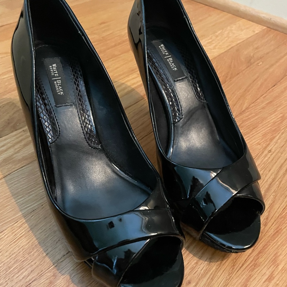 Black patent leather White House/Black Market peep toe heels.